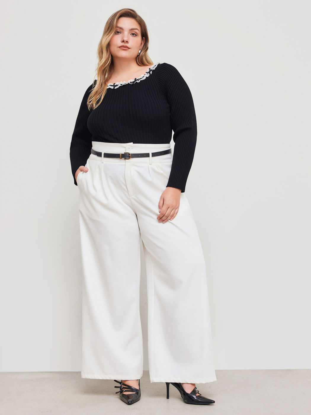 Knit Boat Neck Solid Lace Trim Bowknot Long Sleeve Sweater Curve & Plus