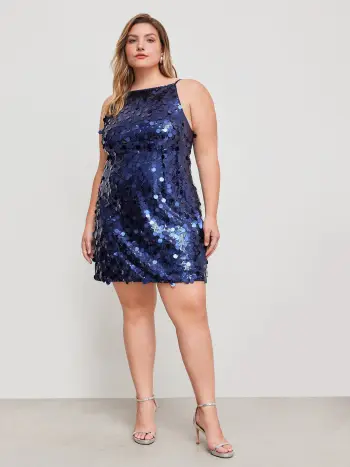 Mini abito solido con scollo a barca in paillettes Curve & Plus