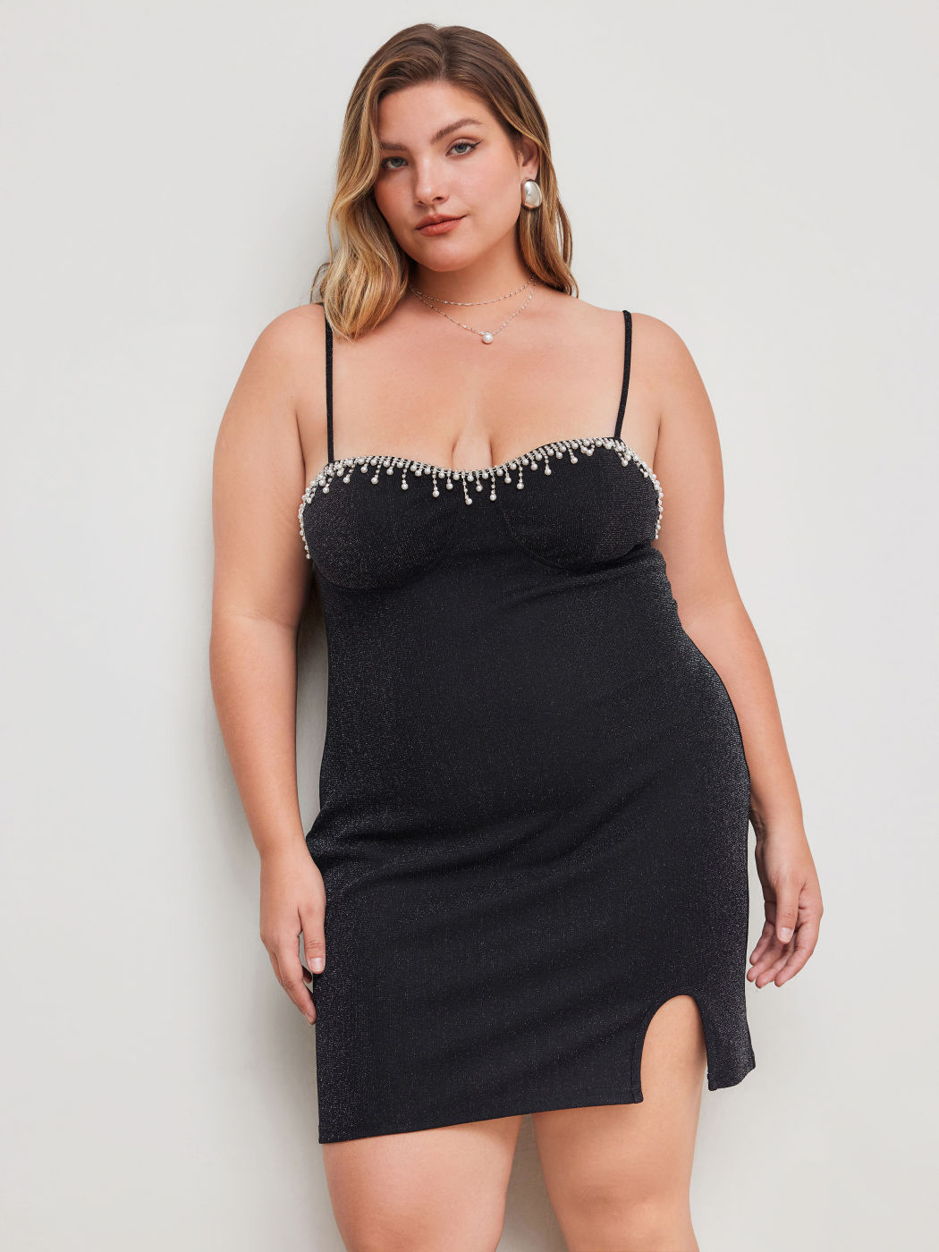 Sweetheart Solid Split Glitter Rhinestone Pearl Midi Dress Curve & Plus