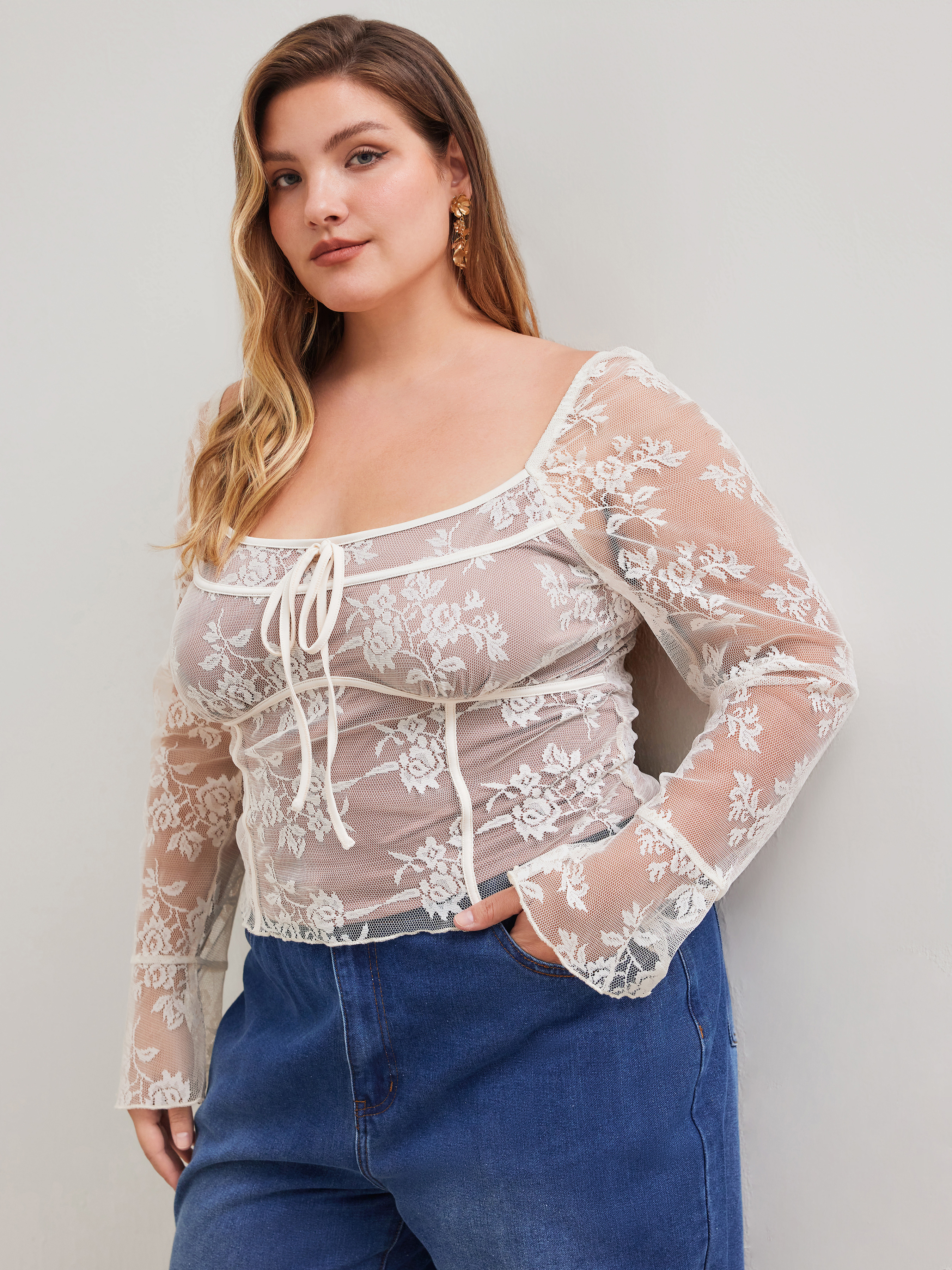 Woven U-neckline Lace Floral Knotted Long Sleeve Top Curve & Plus