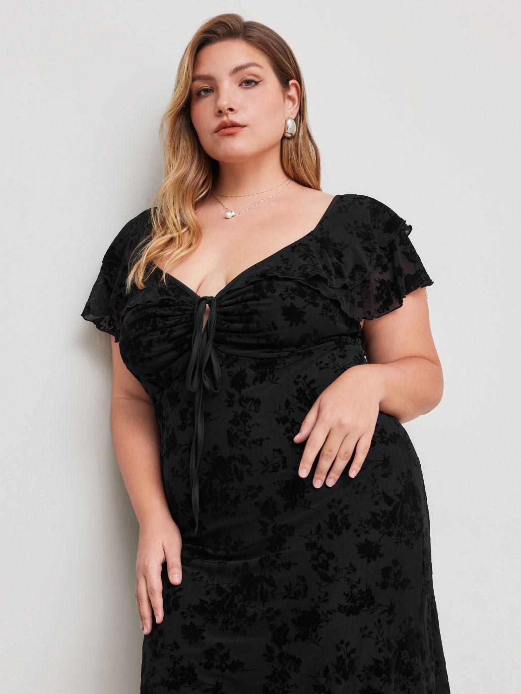 Mesh Sweetheart-Ausschnitt Blumen Rüschen Geknotetes Maxikleid Kurve & Plus