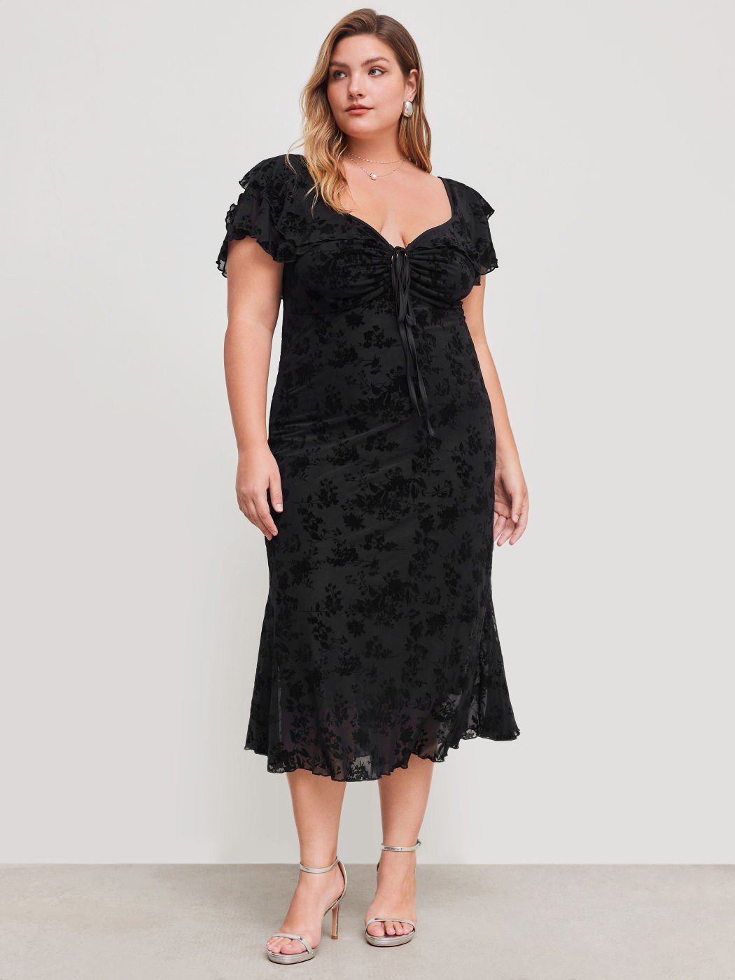 Mesh Sweetheart-Ausschnitt Blumen Rüschen Geknotetes Maxikleid Kurve & Plus