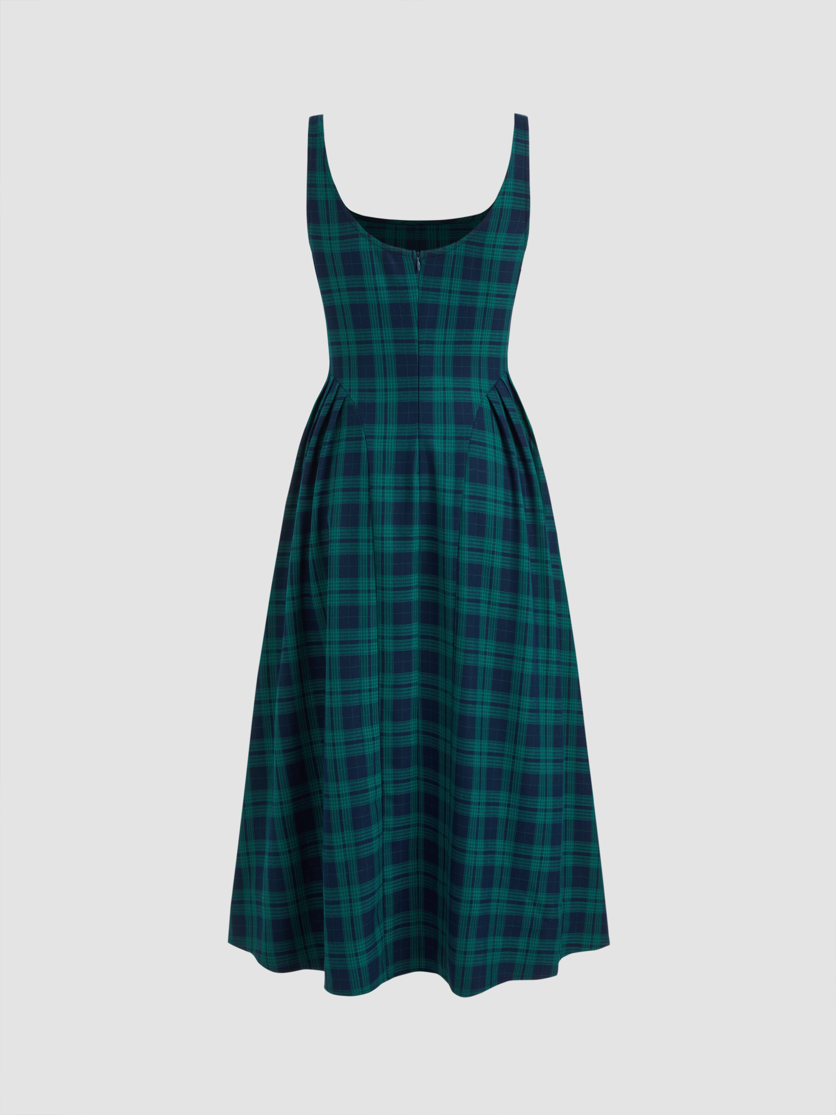 square neck check pleated zipper maxi dress Preppy Woven Square Neck Check Pleated Zipper Maxi Dress For Work