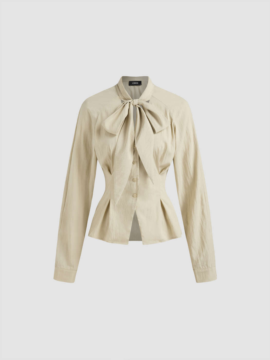 Woven High Neck Cinched Waist Knotted Long Sleeve Blouse For Work