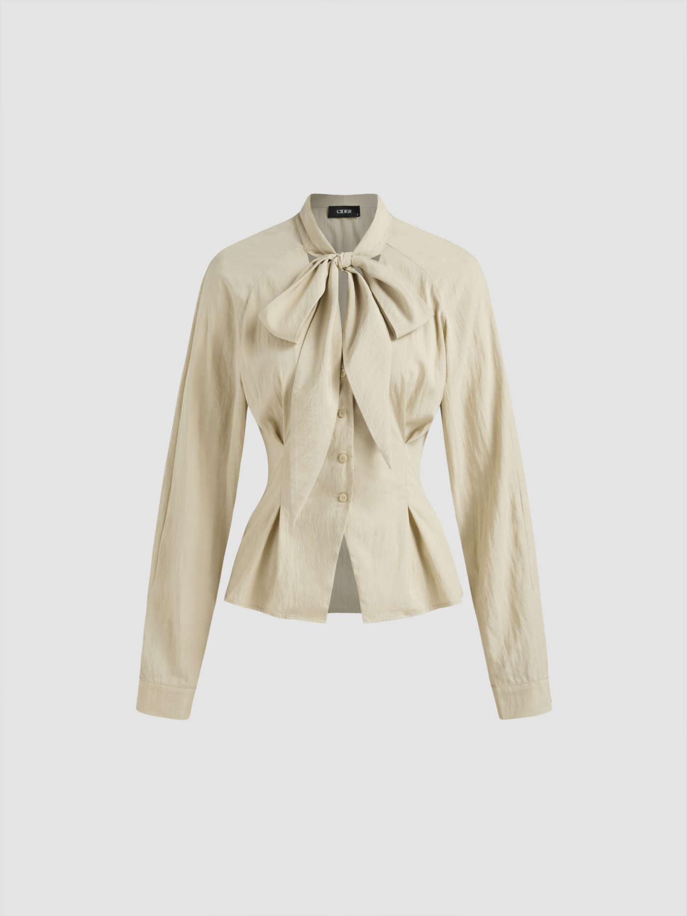 High Neck Cinched Waist Knotted Long Sleeve Blouse