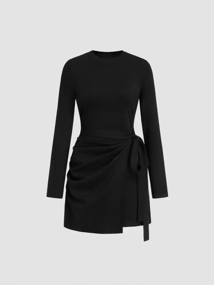 Round Neckline Knotted Wrap Mini Dress