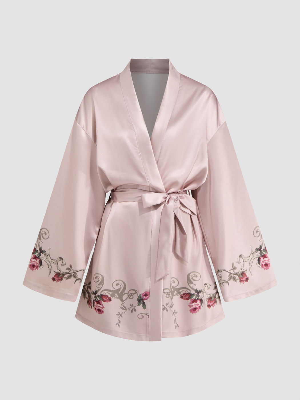 Satin V-neck Floral Robe With Belt