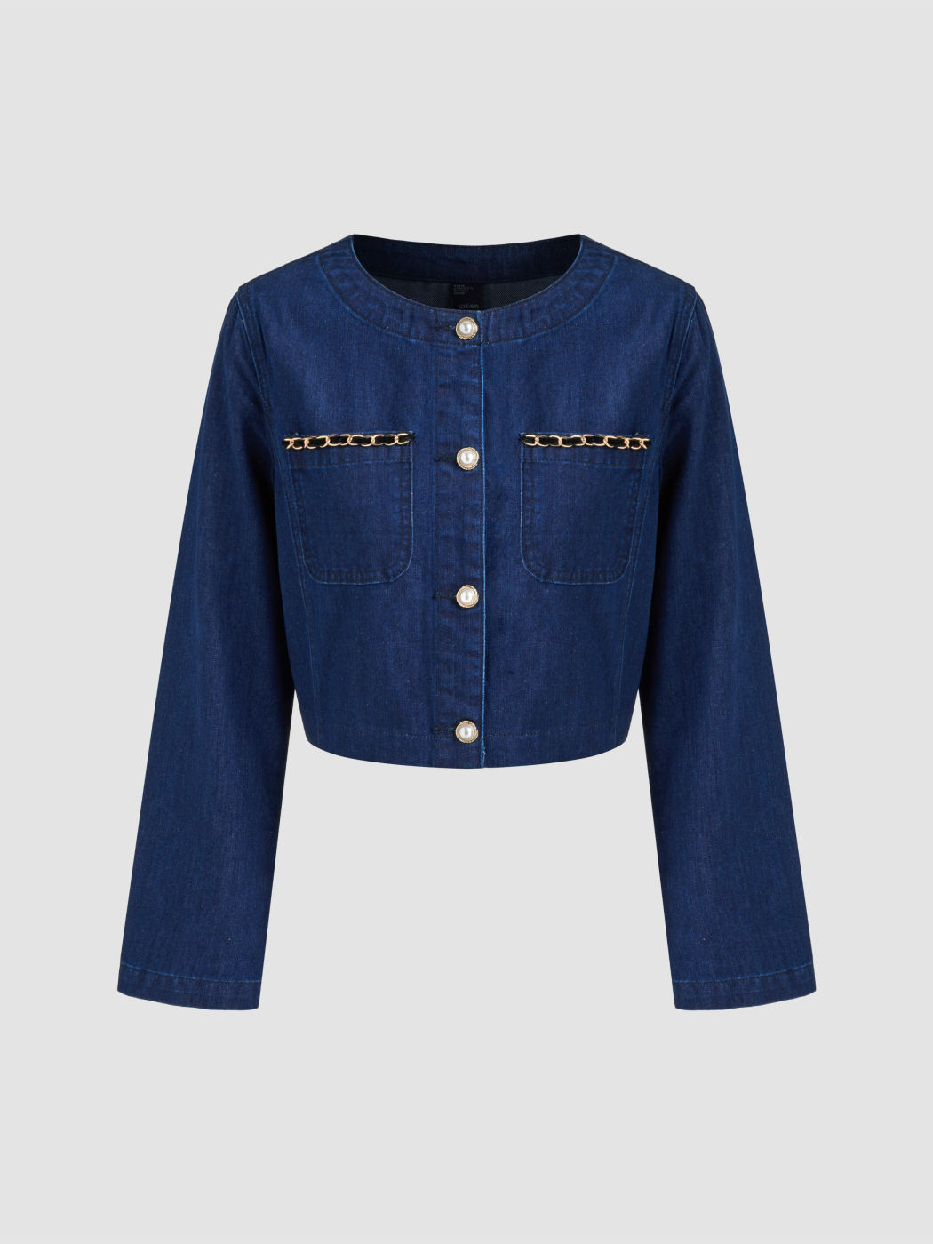 Denim Rundhalsausschnitt Einfarbig Perlenkette Jacke