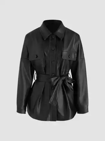 Faux Leather Oversized Shacket With Belt