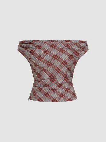 Off-shoulder Tartan Ruched Crop Top