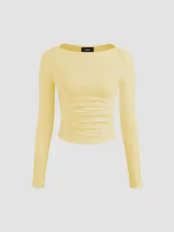 Baumwollmix Bootsausschnitt Solid Rüschen Langarmshirt