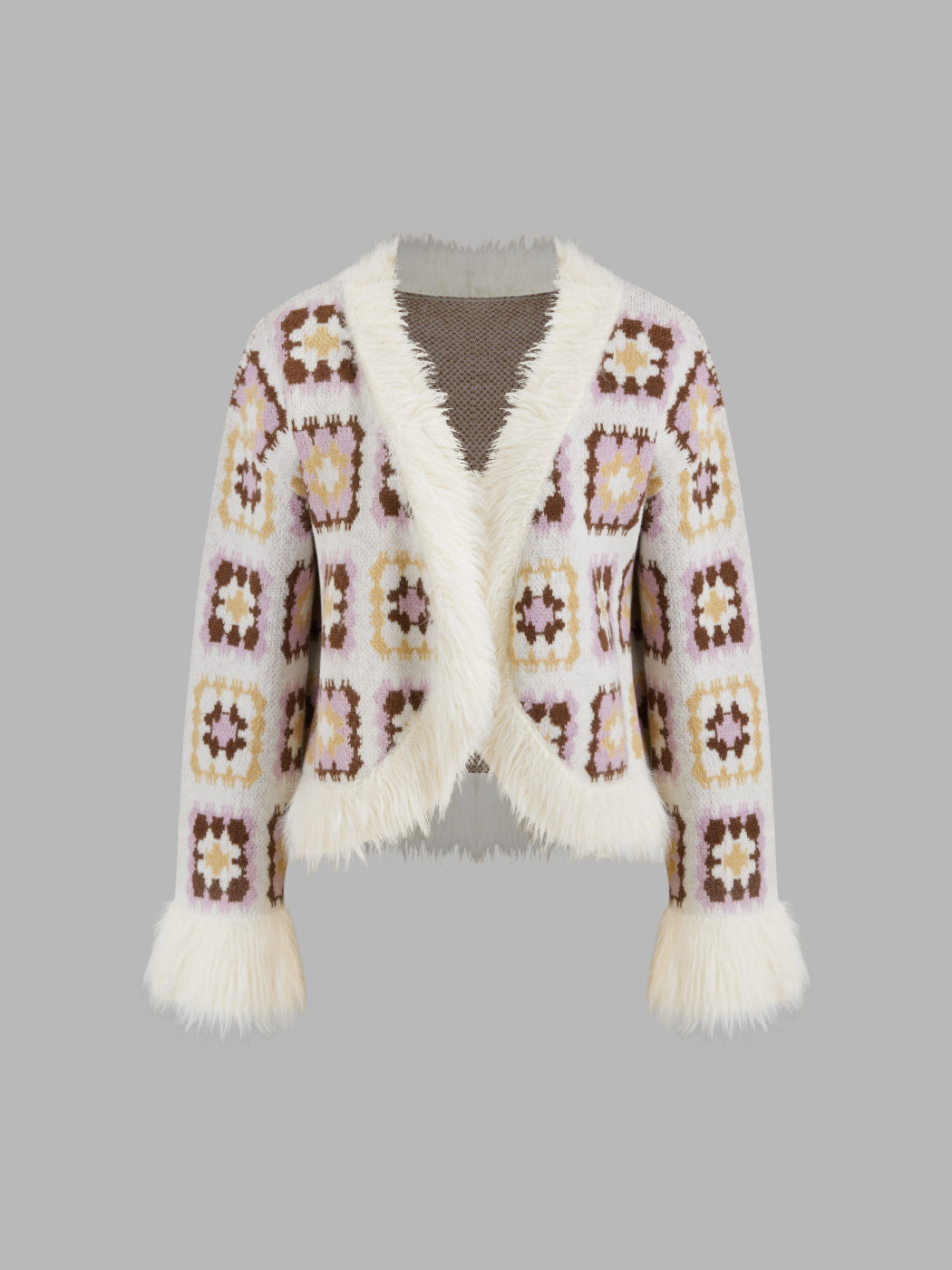 Knit V-neck Print Oversized Cardigan With Faux Fur Trim