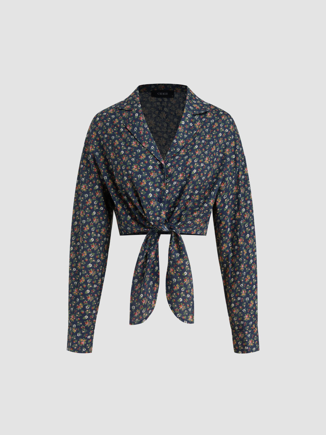 Collar Ditsy Floral Knotted Long Sleeve Blouse