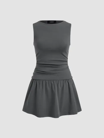 Cotton-blend Round Neckline Solid Ruched Ruffle Hem Mini Cami Dress