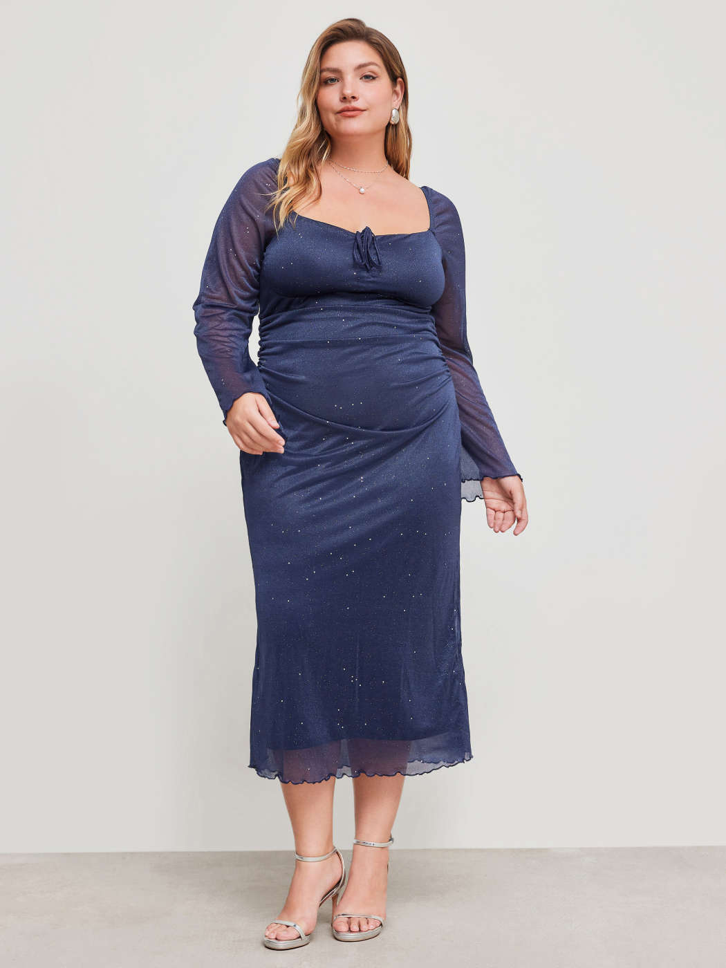 Mesh Mesh Sweetheart Solid Glitter Ruched Knotted Maxi Dress Curve