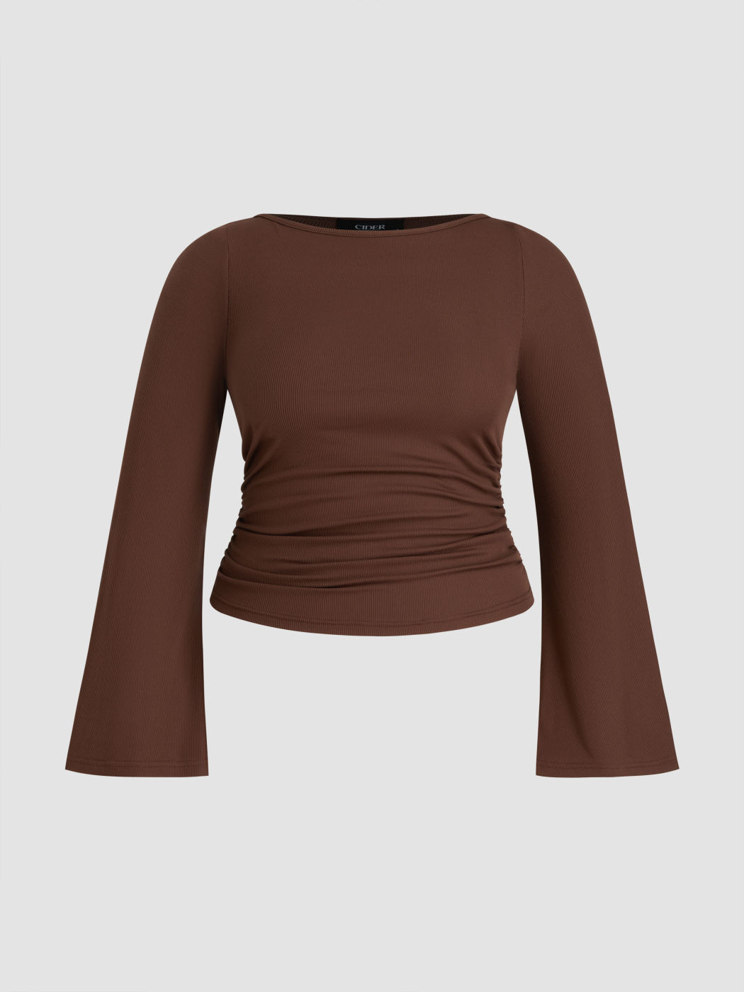 Boat Neck Solid Ruched Long Sleeve Tee Curve & Plus