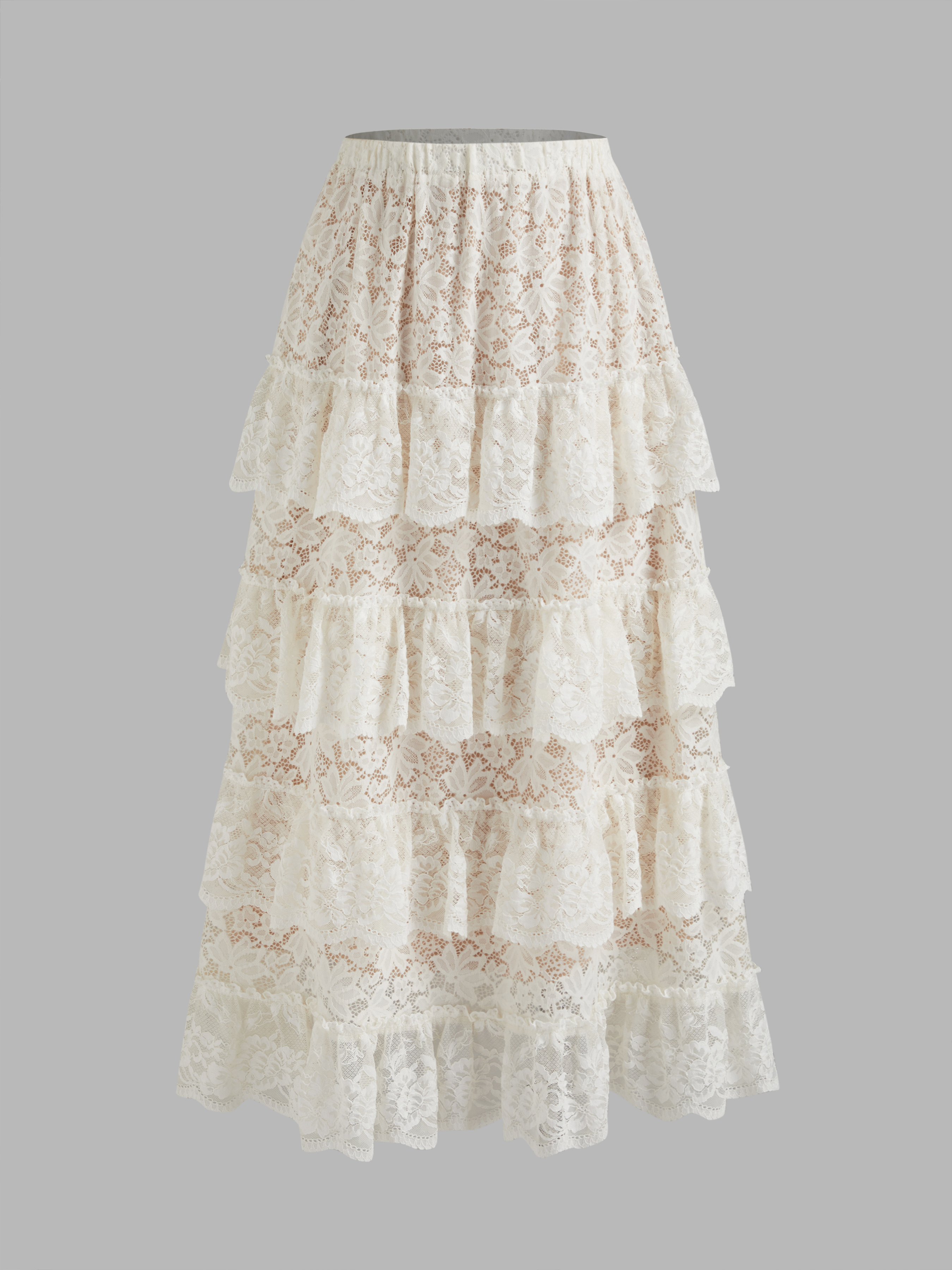 Lace Lace Mid Rise Solid Floral Layered Maxi Skirt For Date
