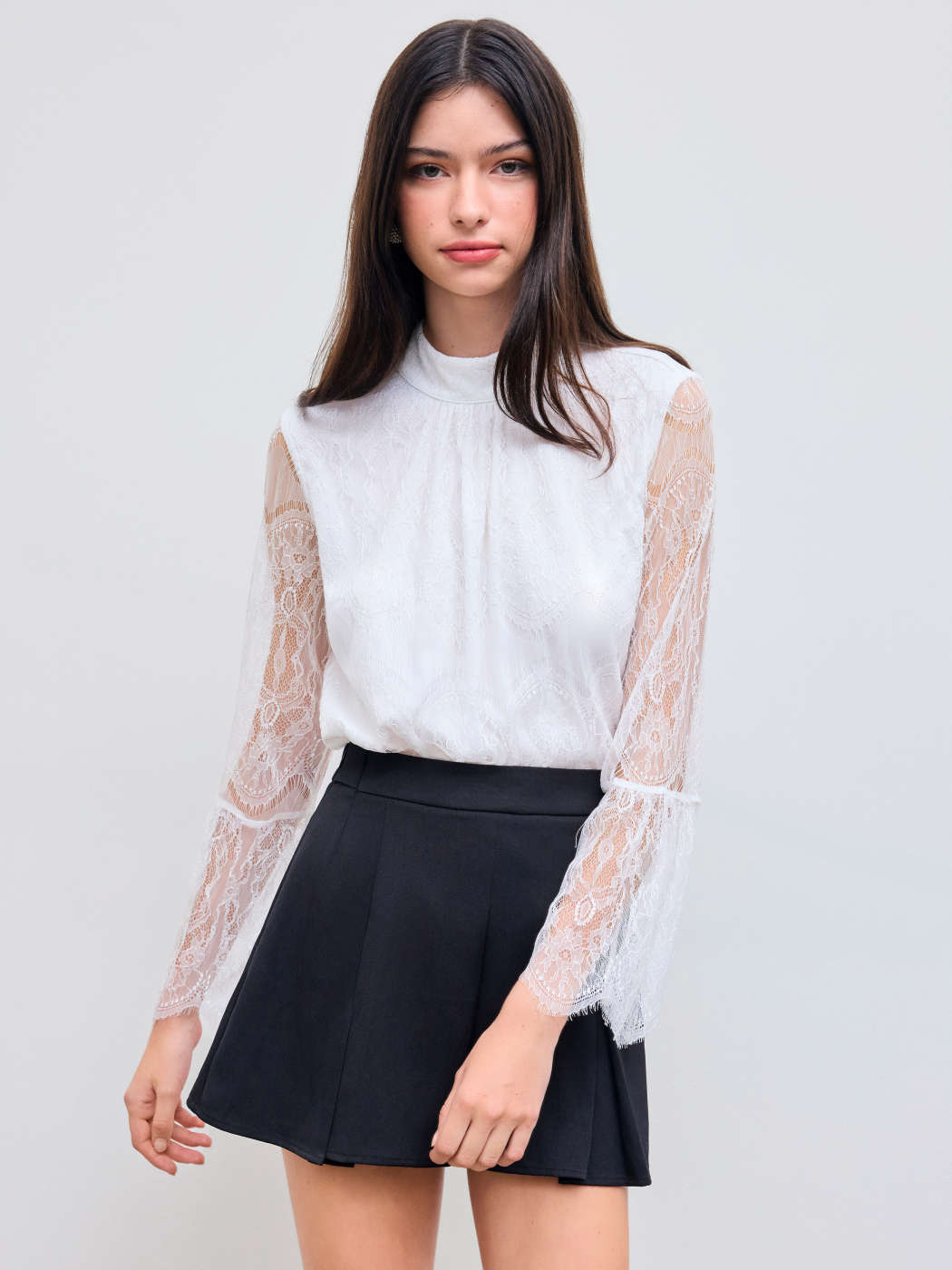 Dentelle Lace High Neck Solid Cut Out Long Sleeve Blouse For Travail