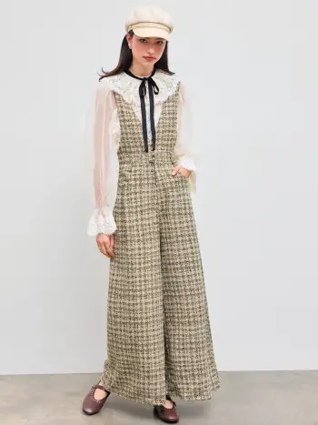 Tweed con scollo a V e bottoni a quadri, tuta a gamba larga plissettata