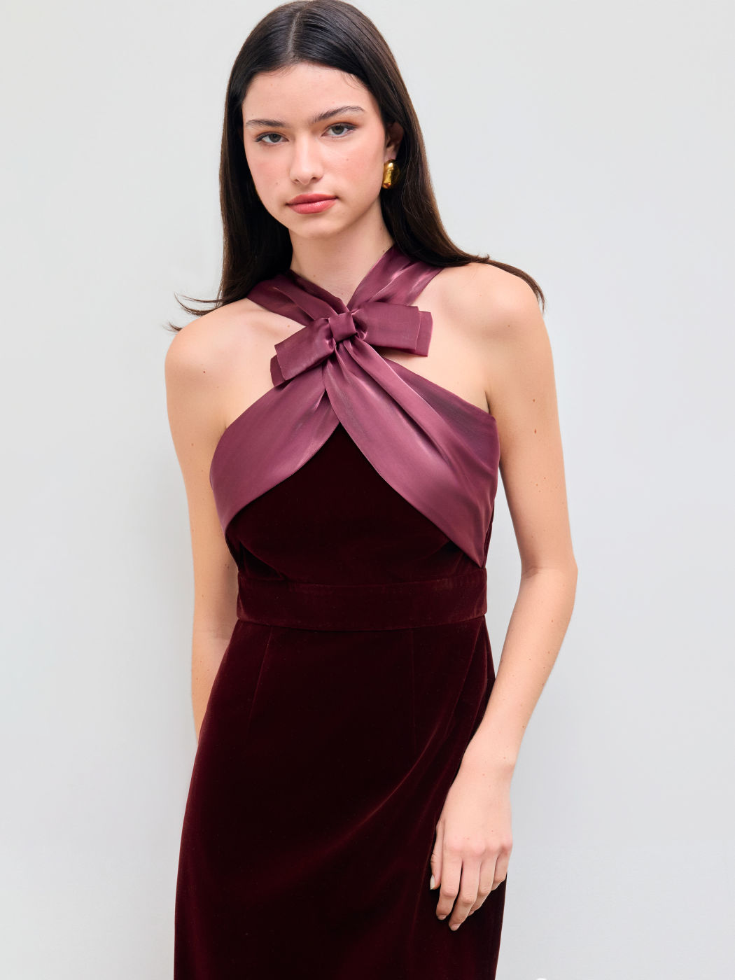 Velvet Halter Neckline Two Tone Bowknot Midi Dress