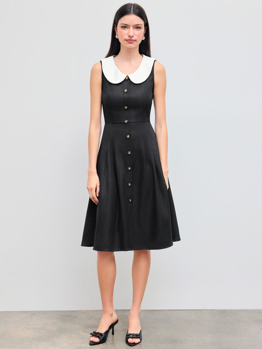Tweedkragen Zweifarbig Knopf Rüschen Midikleid