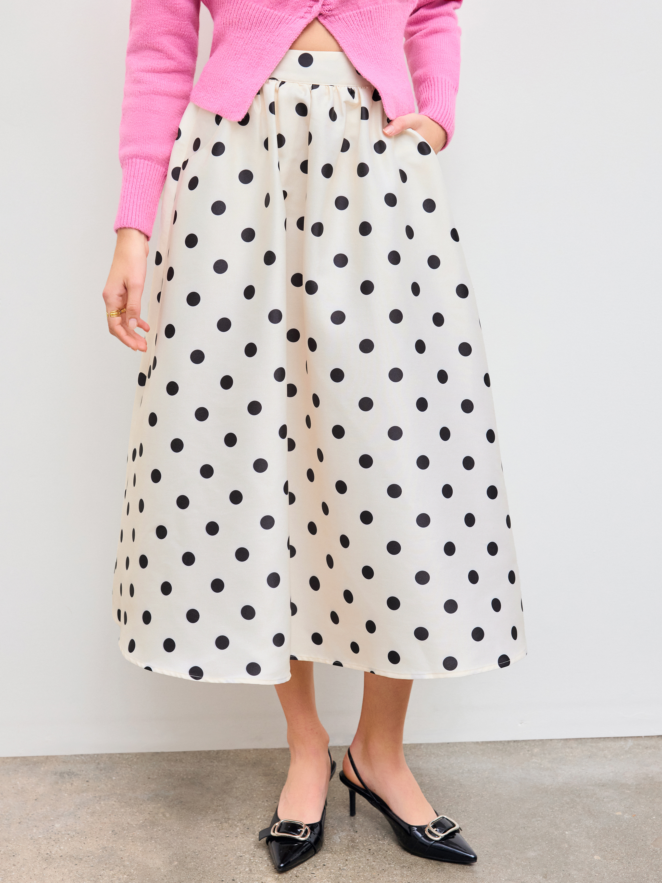 Woven Mid Rise Polka Dot Pocket Ruffle Maxi Skirt For Vacation