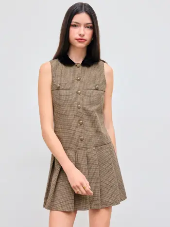 Mini abito con colletto pied-de-poule e bottoni a pieghe