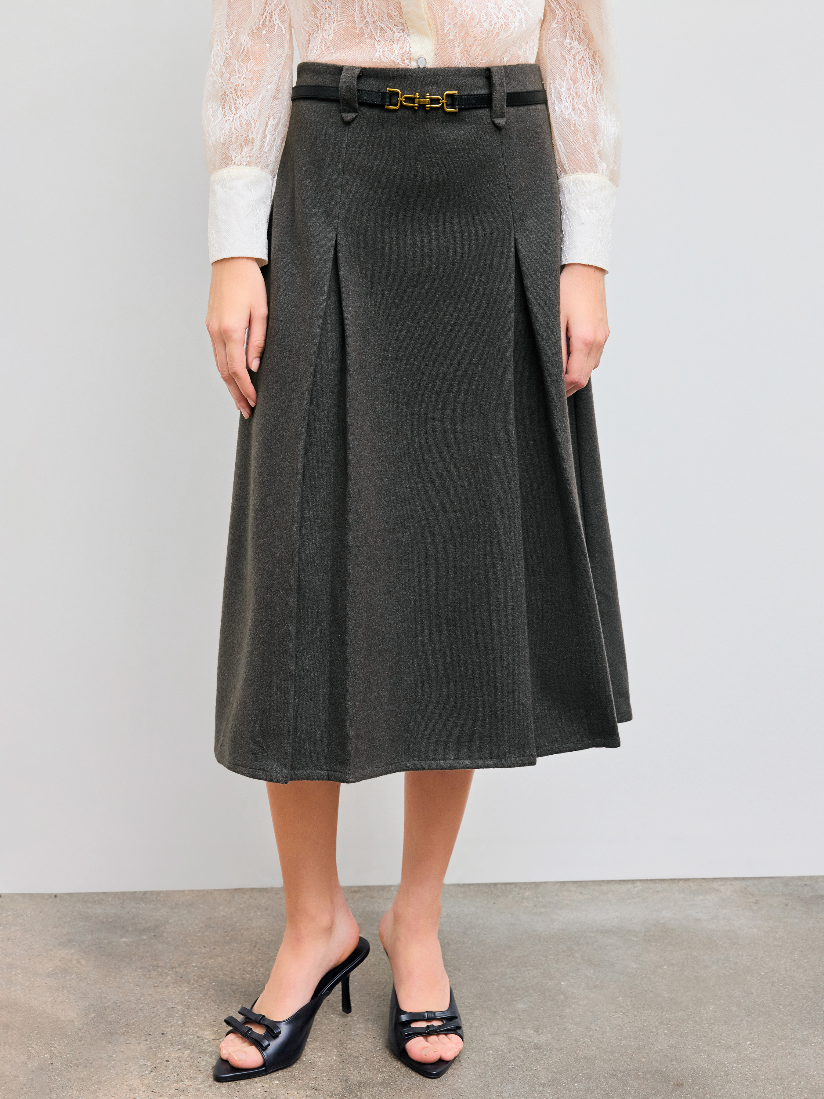 Woven Mid Waist Solid Pleated Double Belted Maxi Skirt For