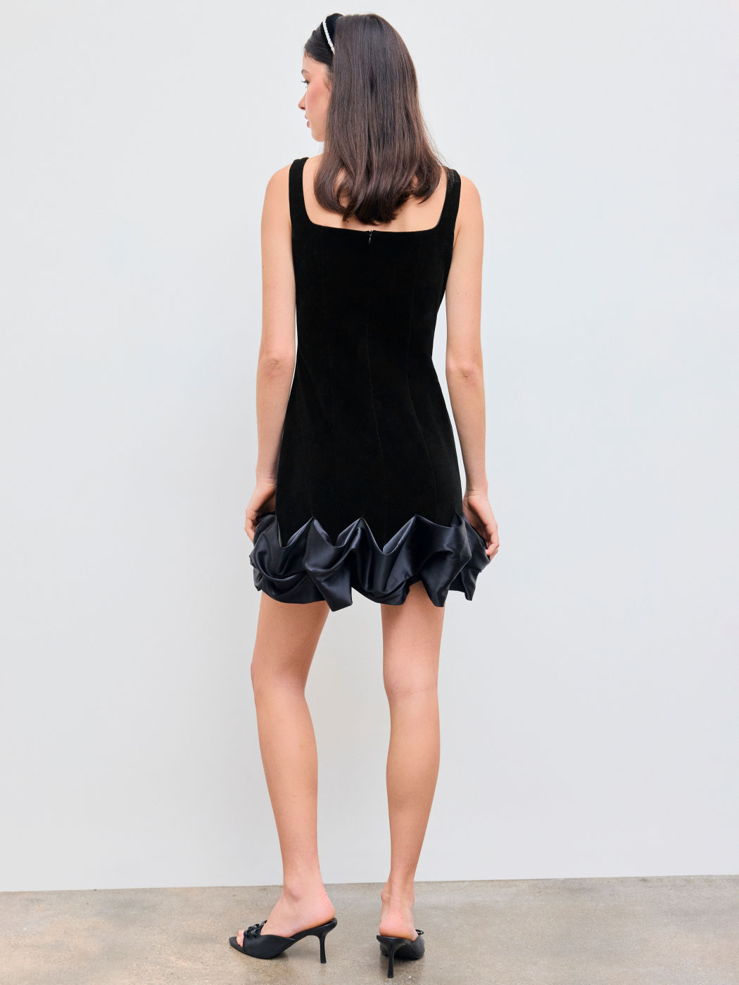 Velvet Square Neck Solid Bubble Hem Mini Dress