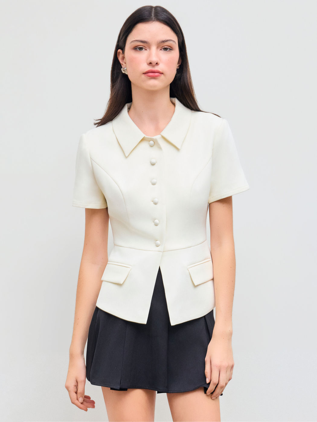 Collar Solid Curved Hem Button Short Sleeve Blouse
