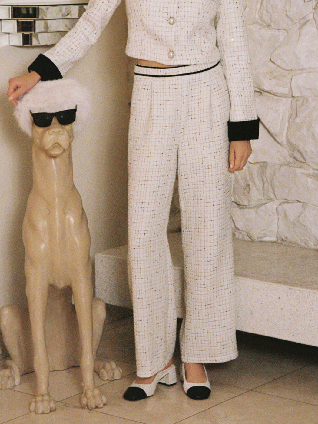 Tweed Middle Waist Contrasting Binding Straight Leg Trousers