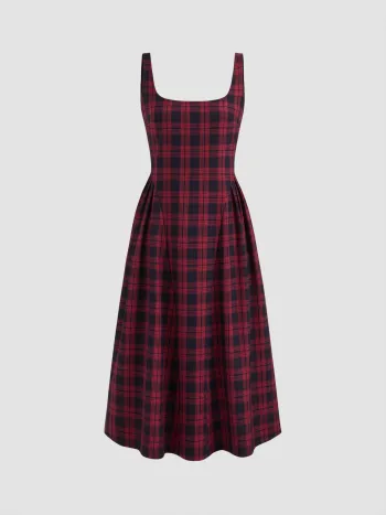 Karierter Falten Maxi-Kleid mit Reißverschluss