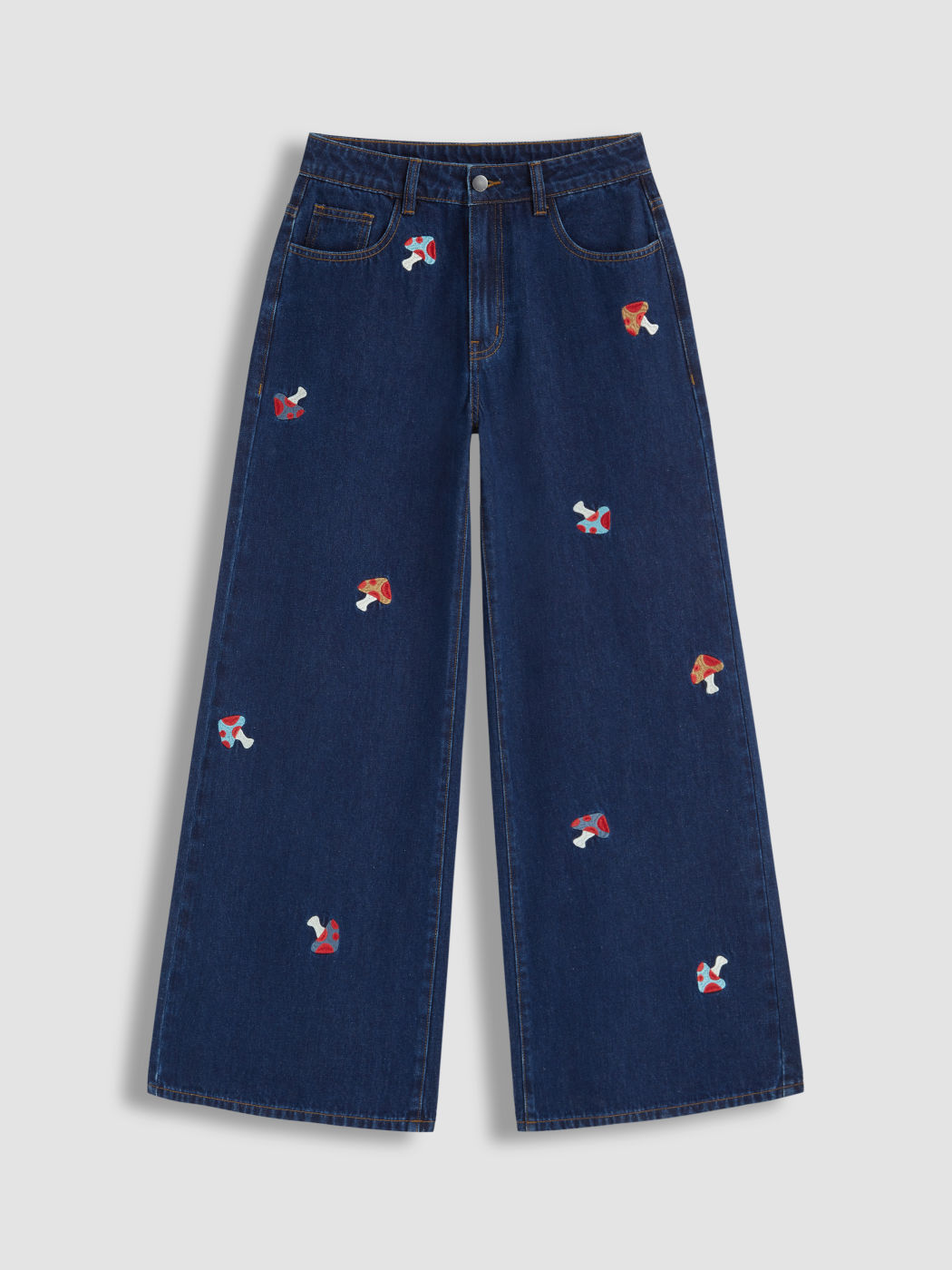 Cider Denim Mid Rise Mushroom Embroidery Pocket Wide Leg Jeans