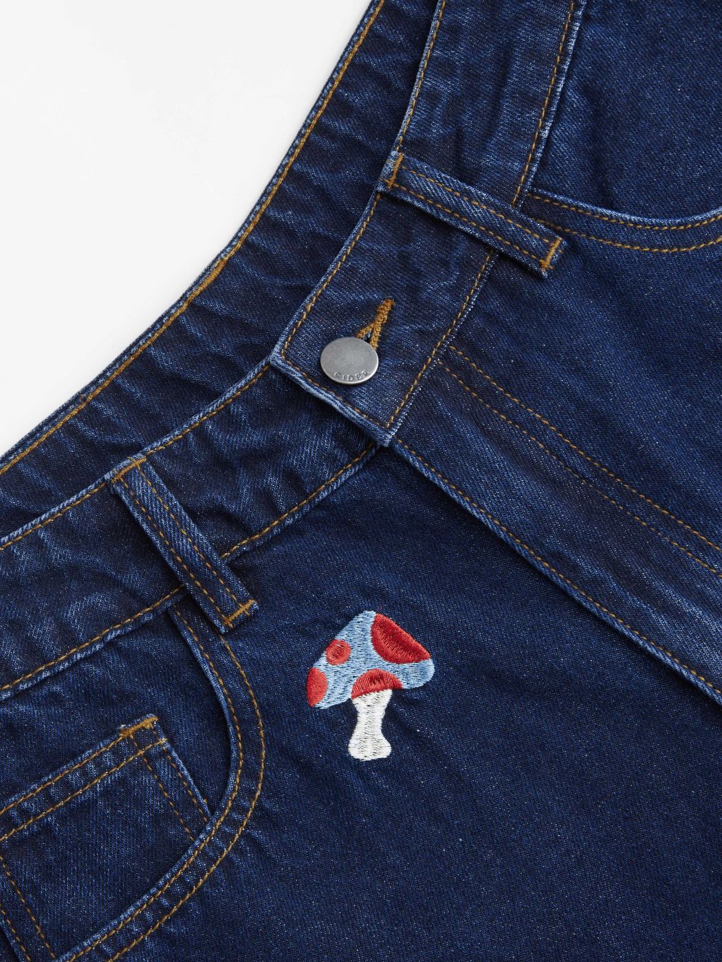 Cider Denim Mid Rise Mushroom Embroidery Pocket Wide Leg Jeans