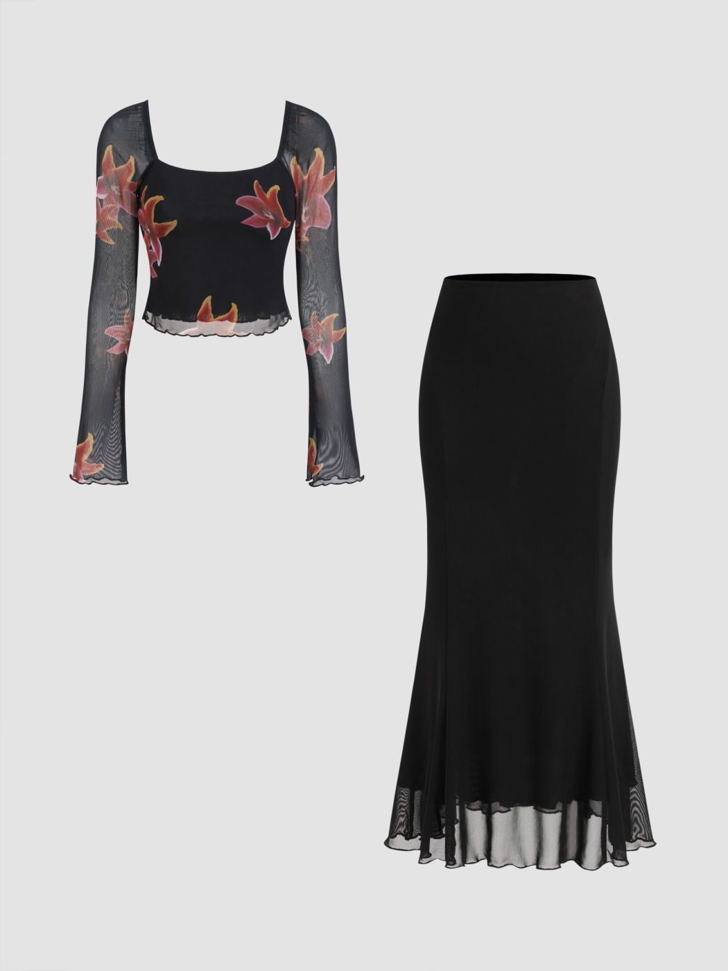 Mesh Floral Long Sleeve Top & Mesh Mid Rise Mermaid Maxi Skirt Set