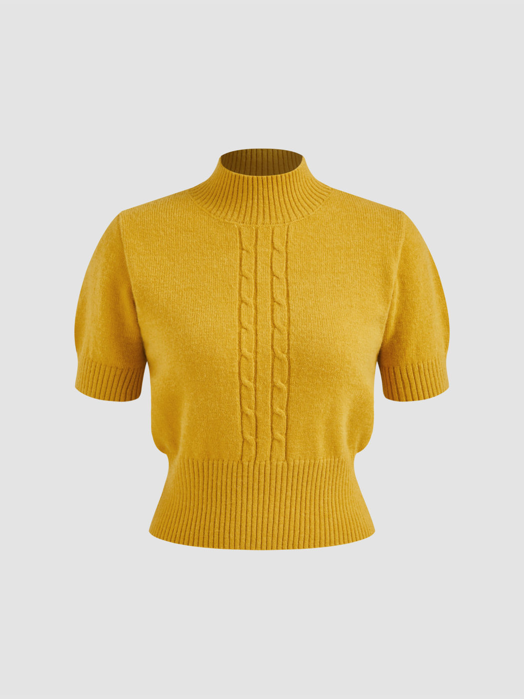Cable Knit High Neck Solid Short Sleeve Top