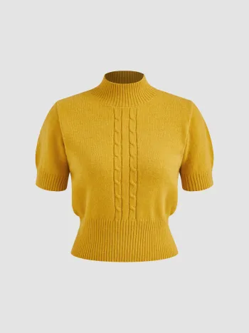 Zopfmuster Rollkragen Solid Kurzärmliges Strickoberteil