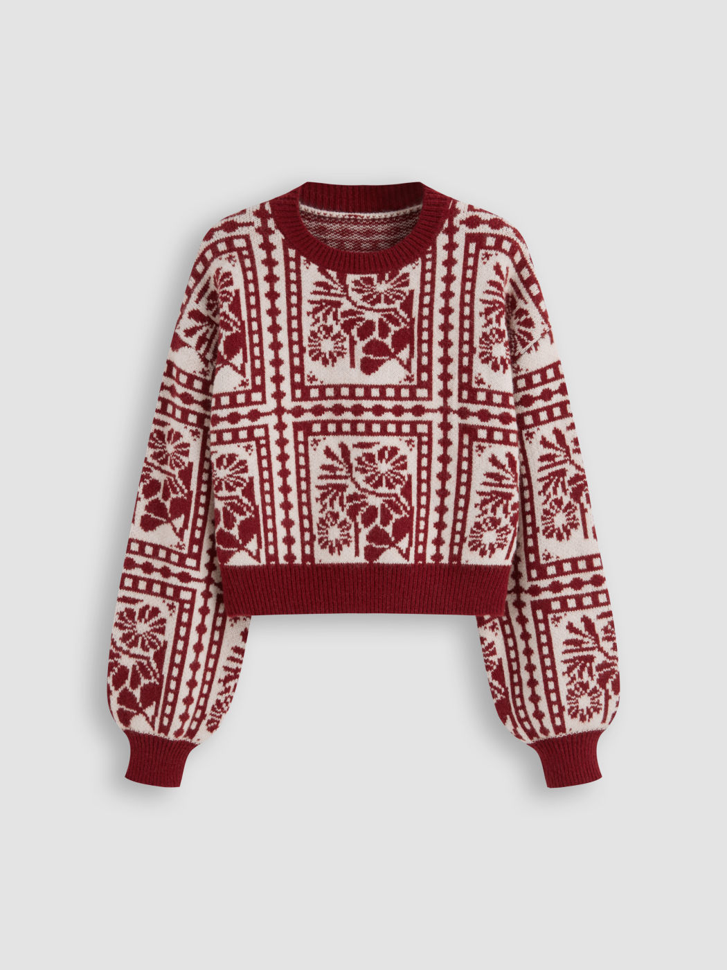 Knit Round Neckline Floral Contrasting Binding Sweater
