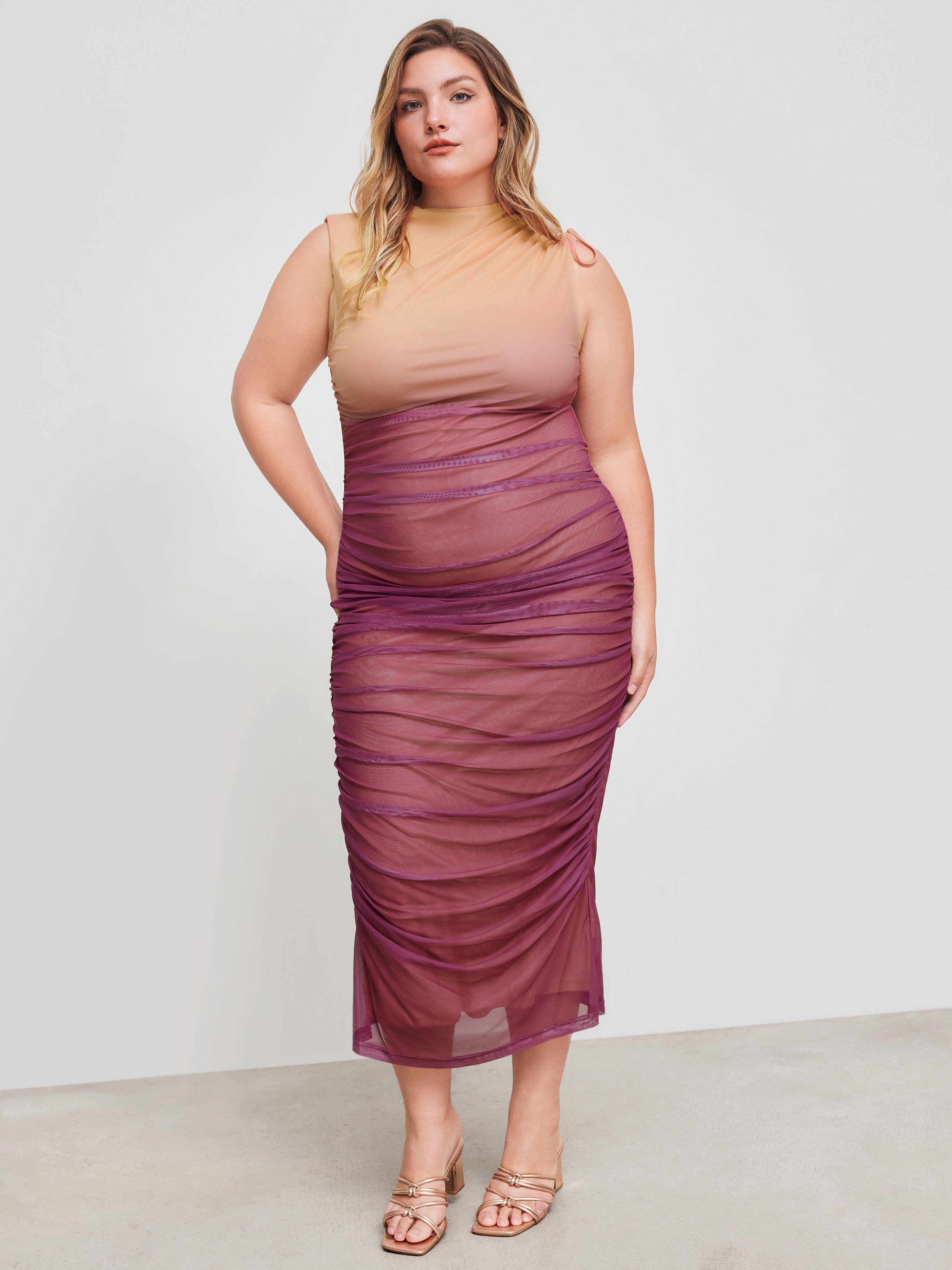 Mesh Mesh Round Neckline Gradient Drawstring Ruched Maxi Dress Curve & Plus  For Date