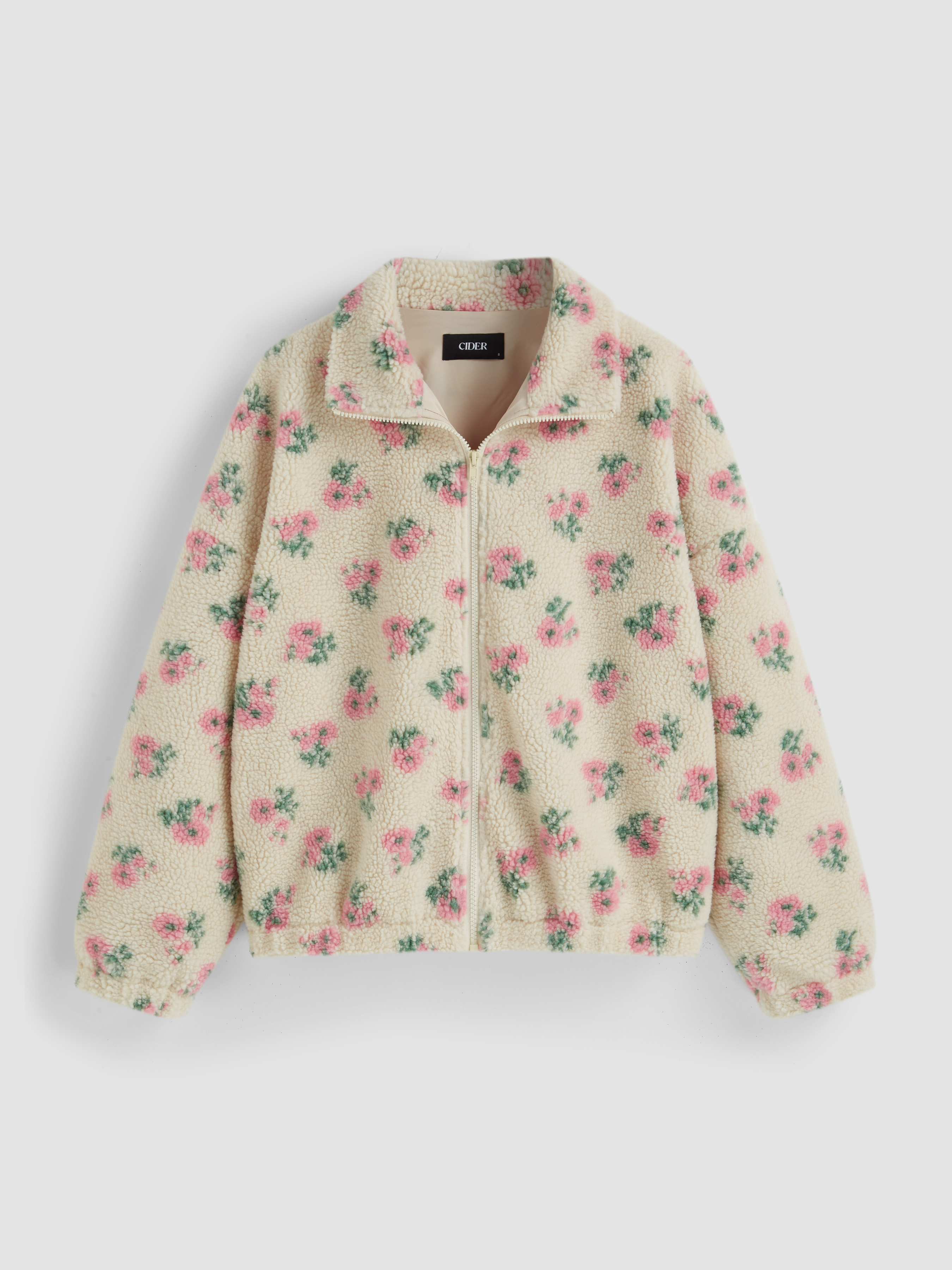 Knit Fabric Fleece Stand Collar Floral Zipper Jacket For Knit Fabric Fleece Stand Collar Floral Zipper Jacket For