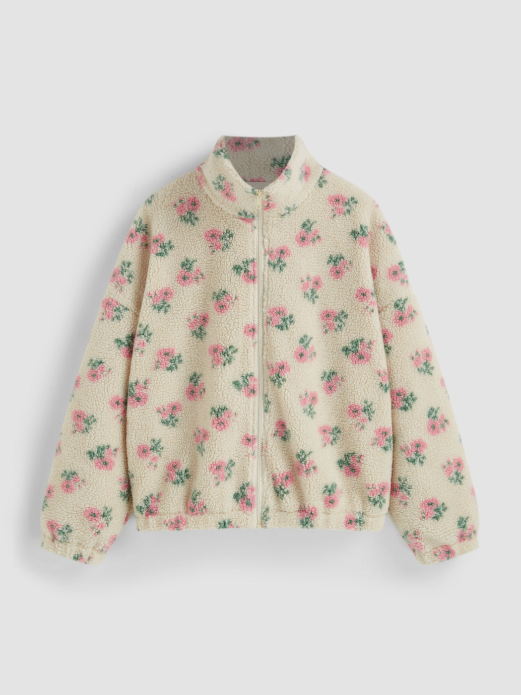 Fleece Stand Collar Floral Zipper Jacket