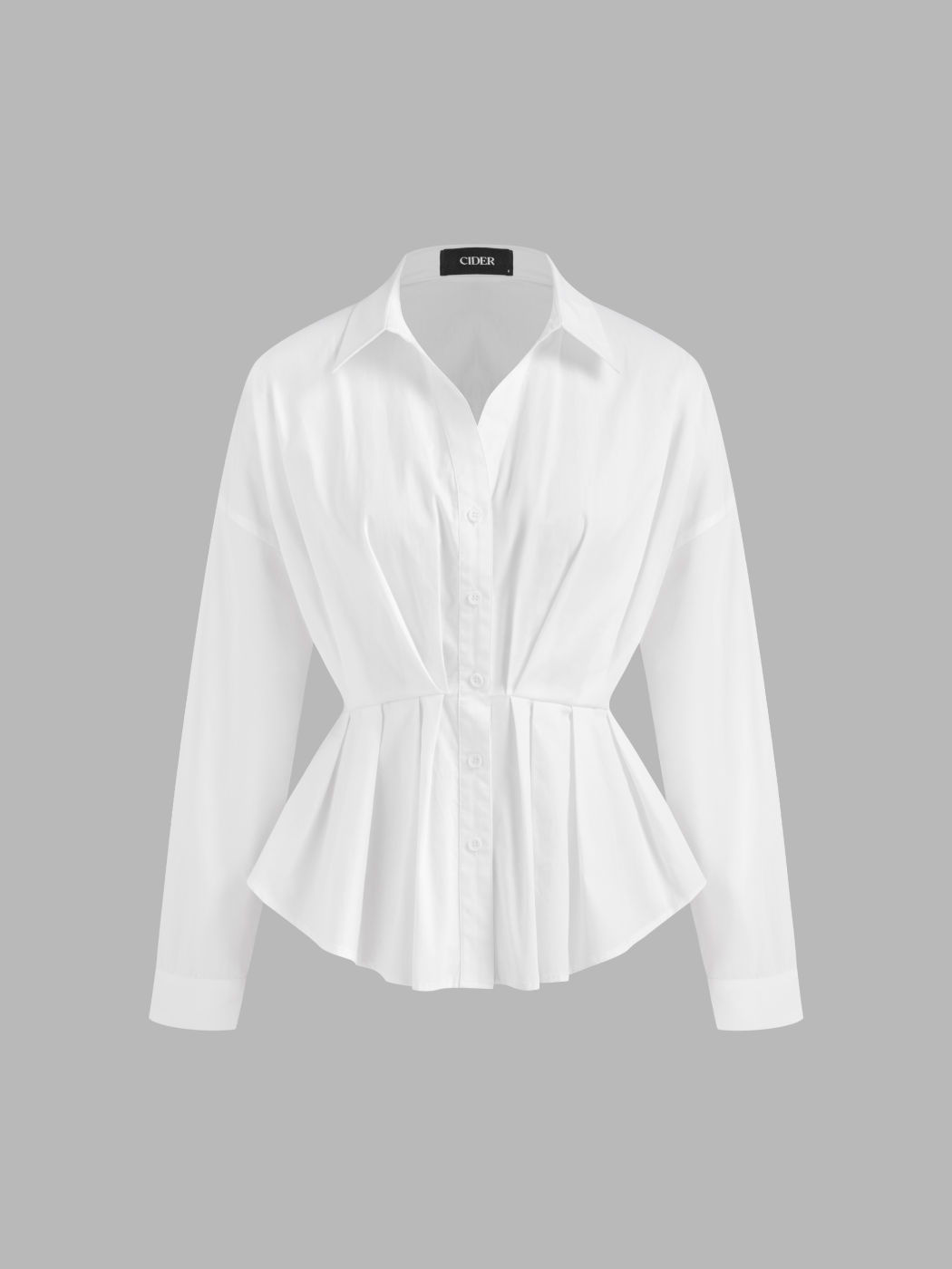 100% Cotton Collar Solid Pleated Long Sleeve Shirt