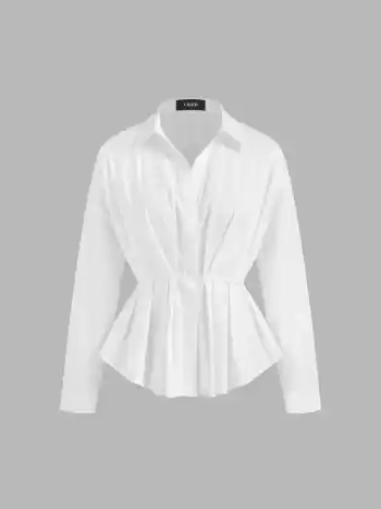 100% Cotton Collar Solid Pleated Long Sleeve Shirt