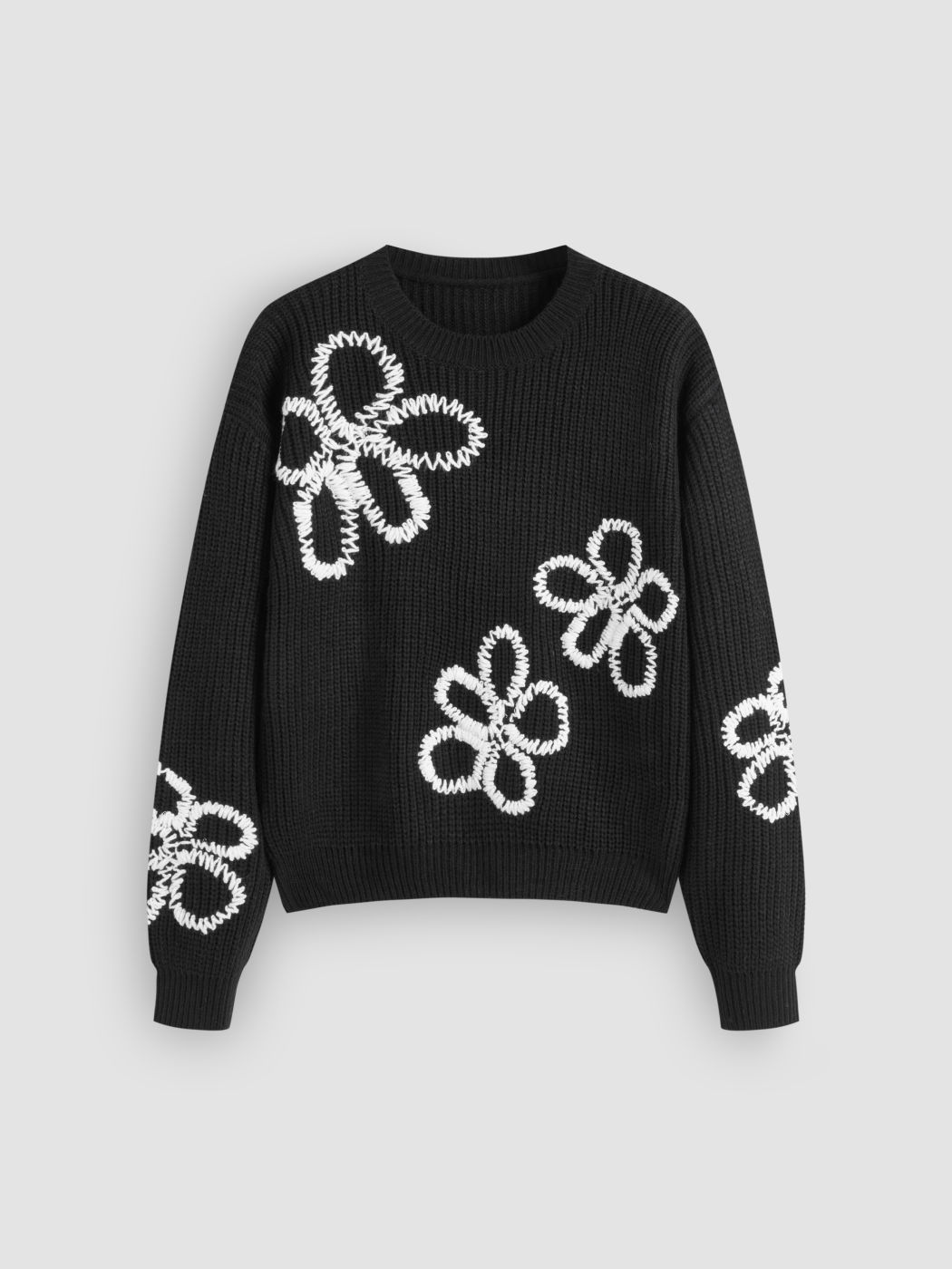 Knit Round Neckline Floral Oversized Long Sleeve Top