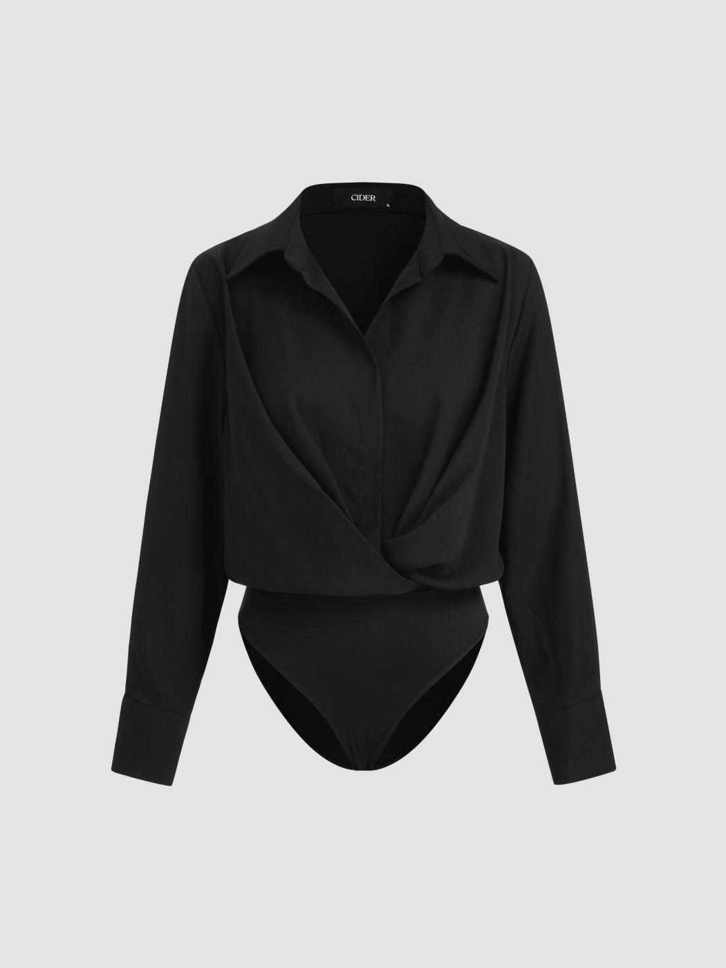 Collar Solid Ruched Long Sleeve Shirt Bodysuit