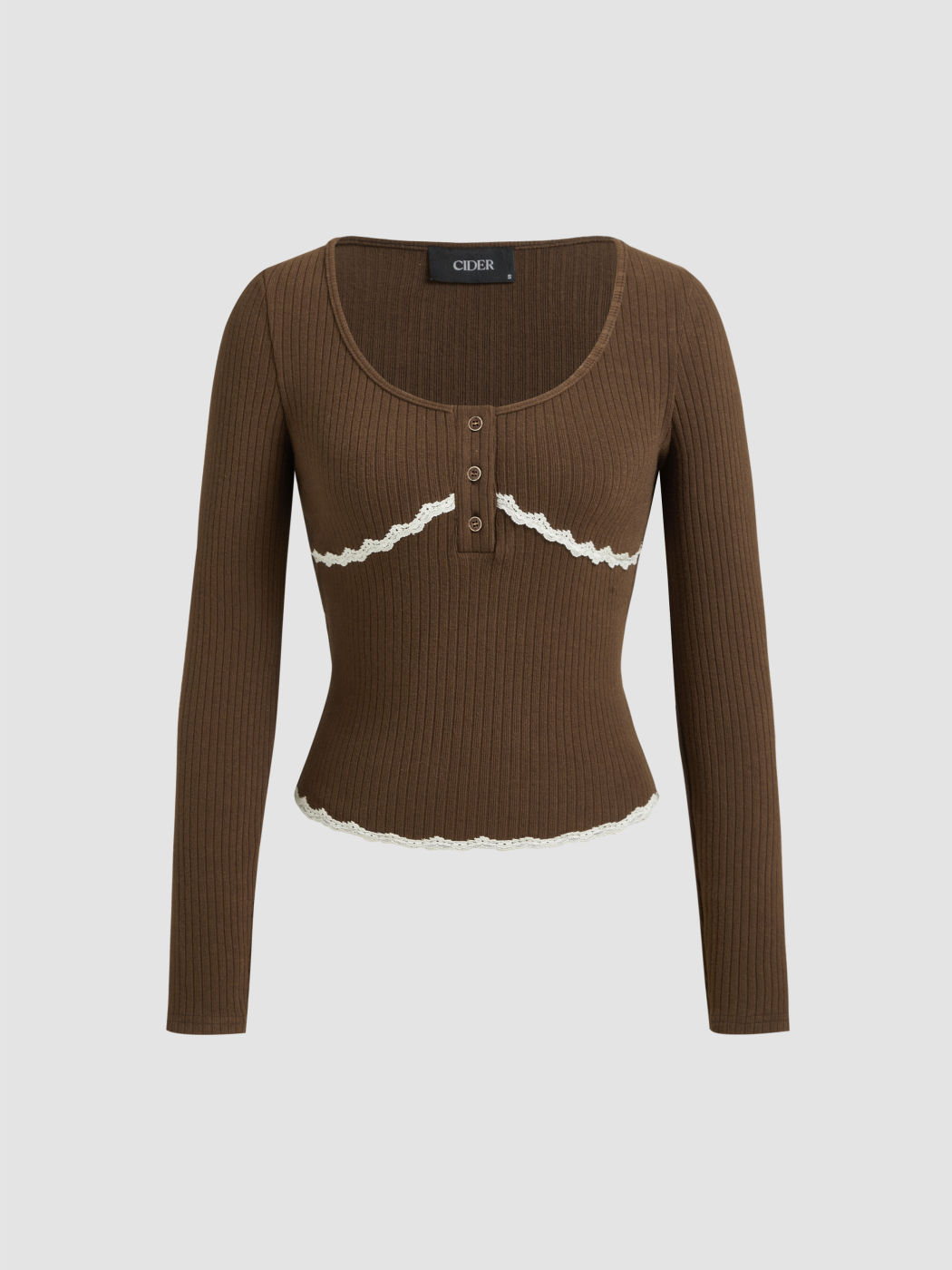 Scoop Neckline Lace Trim Long Sleeve Top