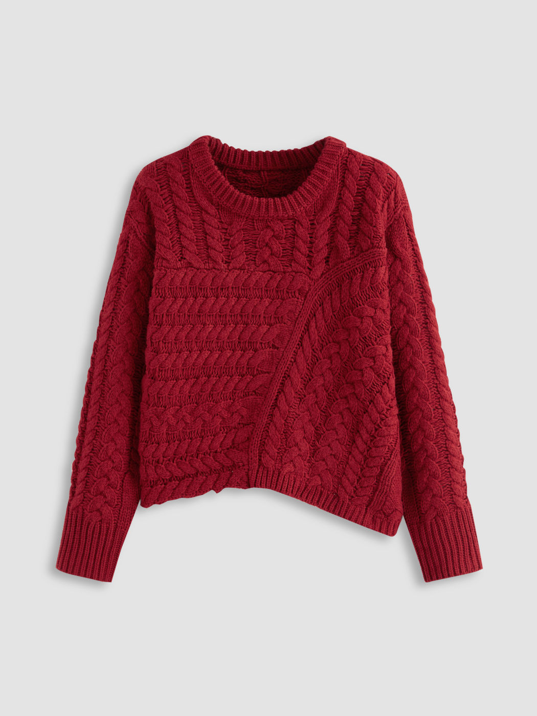 Cable Knit Round Neckline Solid Asymmetrical Hem Sweater