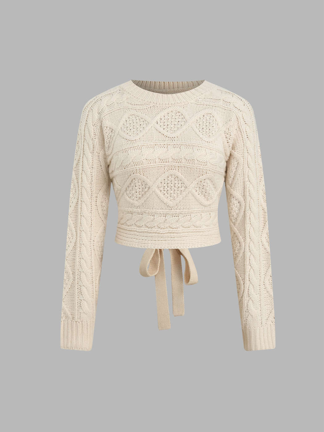 Knit Fabric Cable Knit Round Neckline Cut Out Knotted Long Sleeve