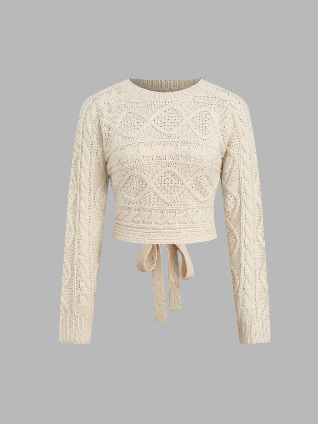 Cable Knit Round Neckline Cut Out Knotted Long Sleeve Top