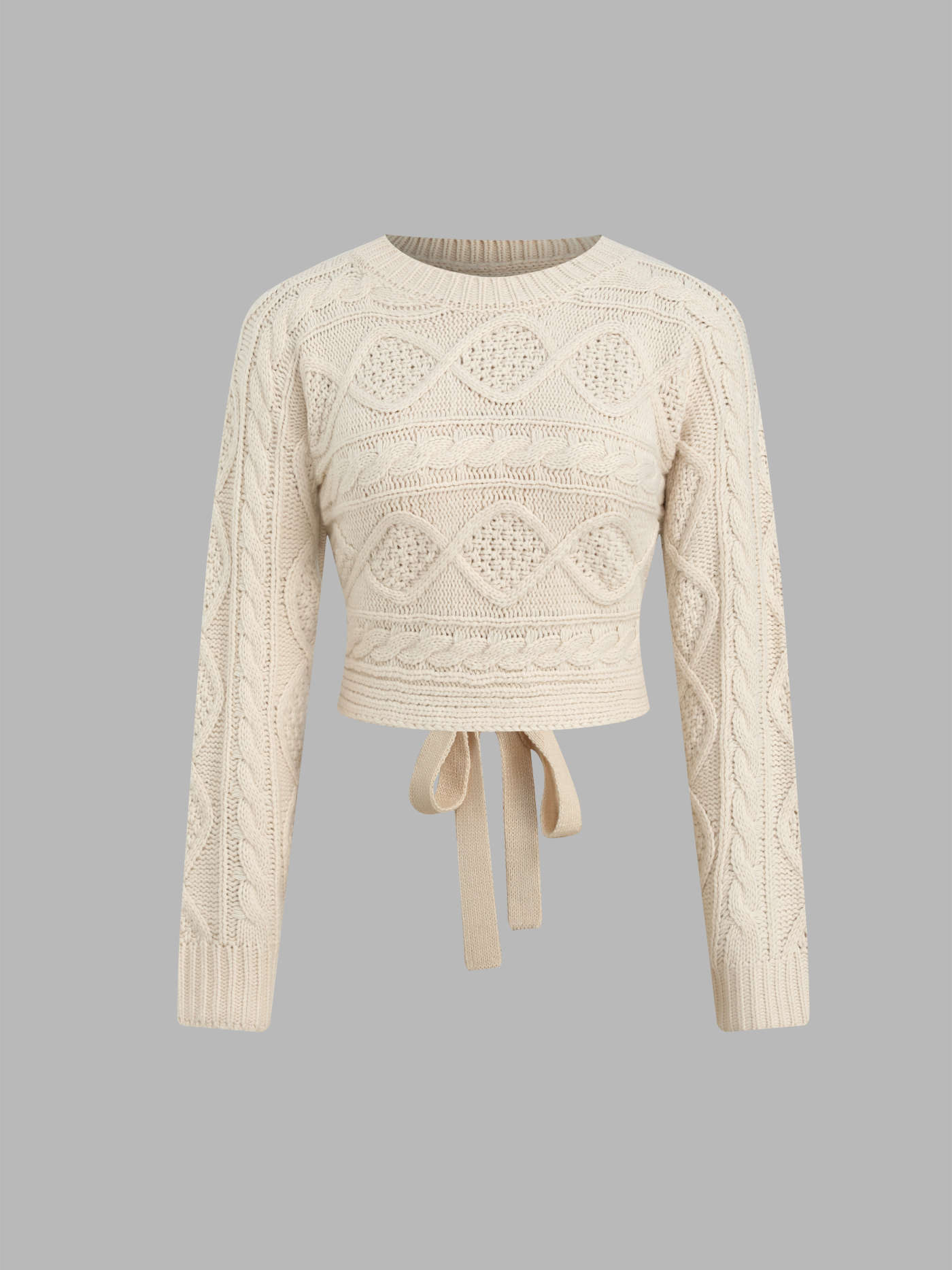 Cable Knit Round Neckline Cut Out Knotted Long Sleeve Top